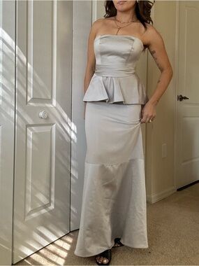 William Rast Light Silver Strapless Peplum Gown
